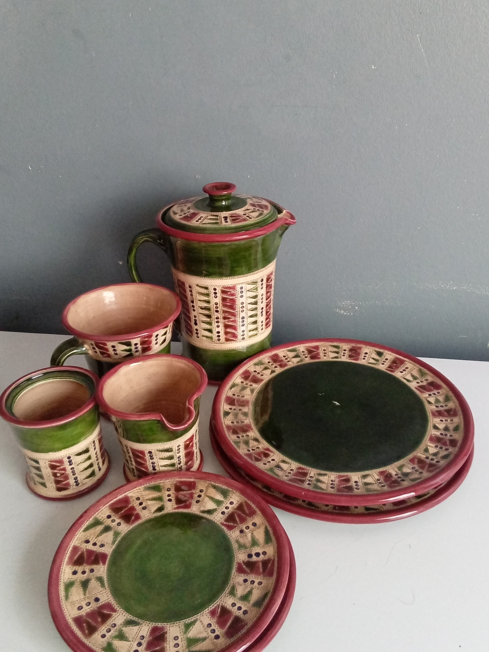 Handmade Studio Pottery Set Green Burgundy Geometric Pitcher Plates Mugs 9pc